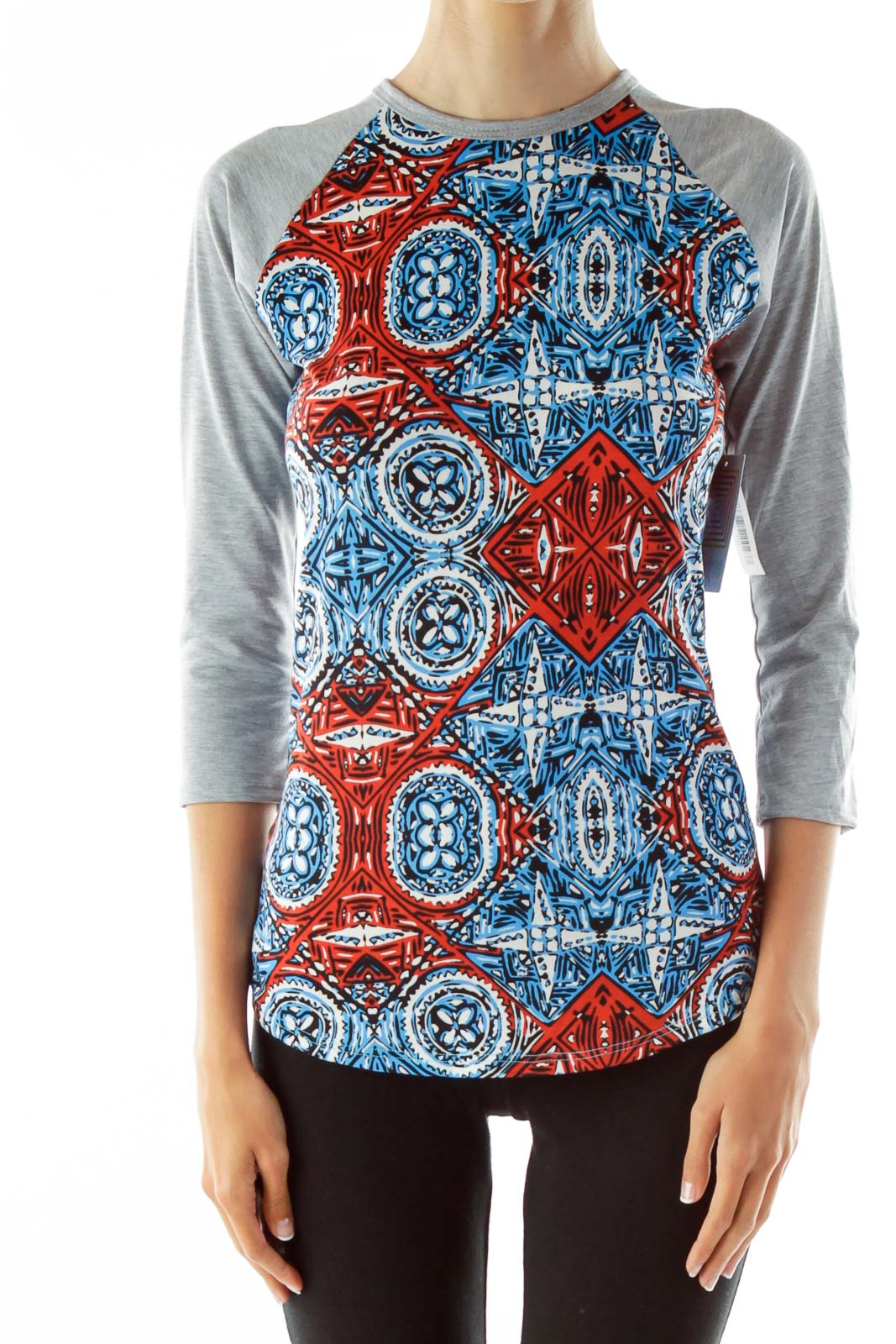 Blue White Red Geometric Print Baseball Shirt Front
