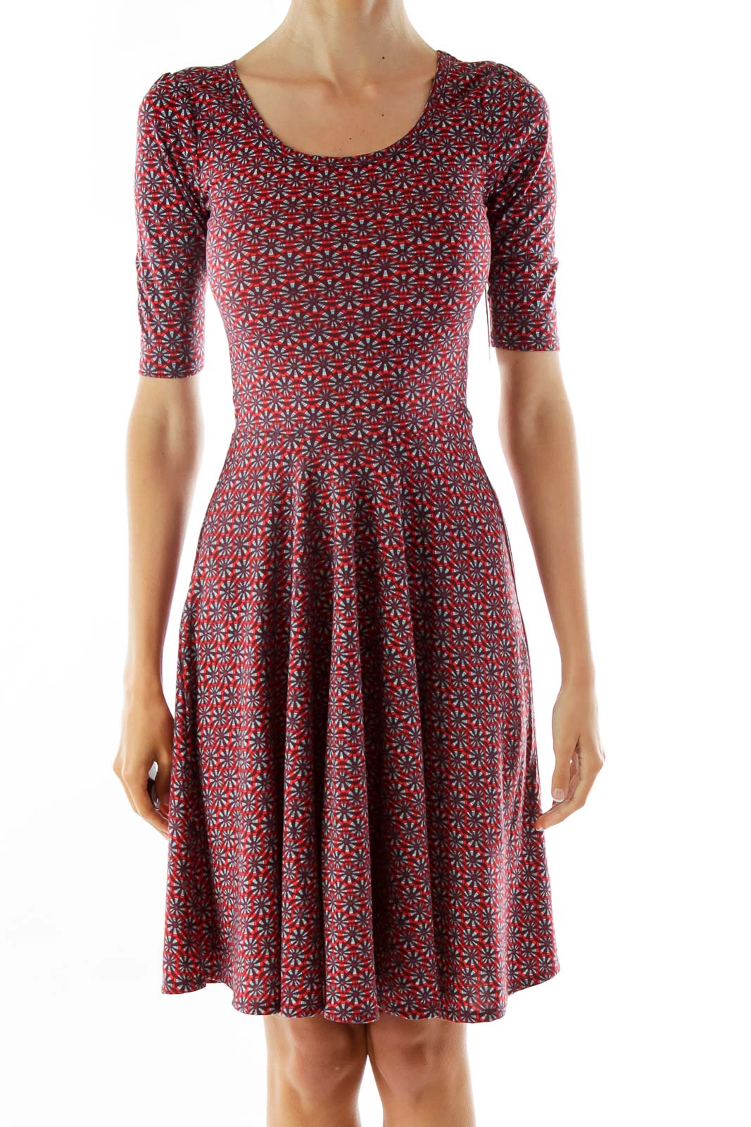Purple Pink Red Geometric Print Day Dress Front