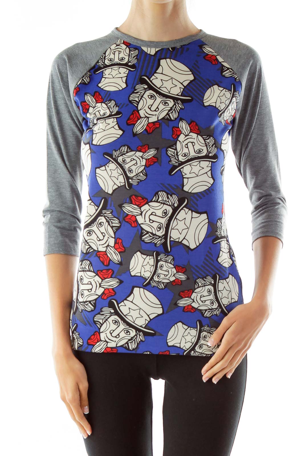 Blue Gray Face Print Baseball Shirt Front