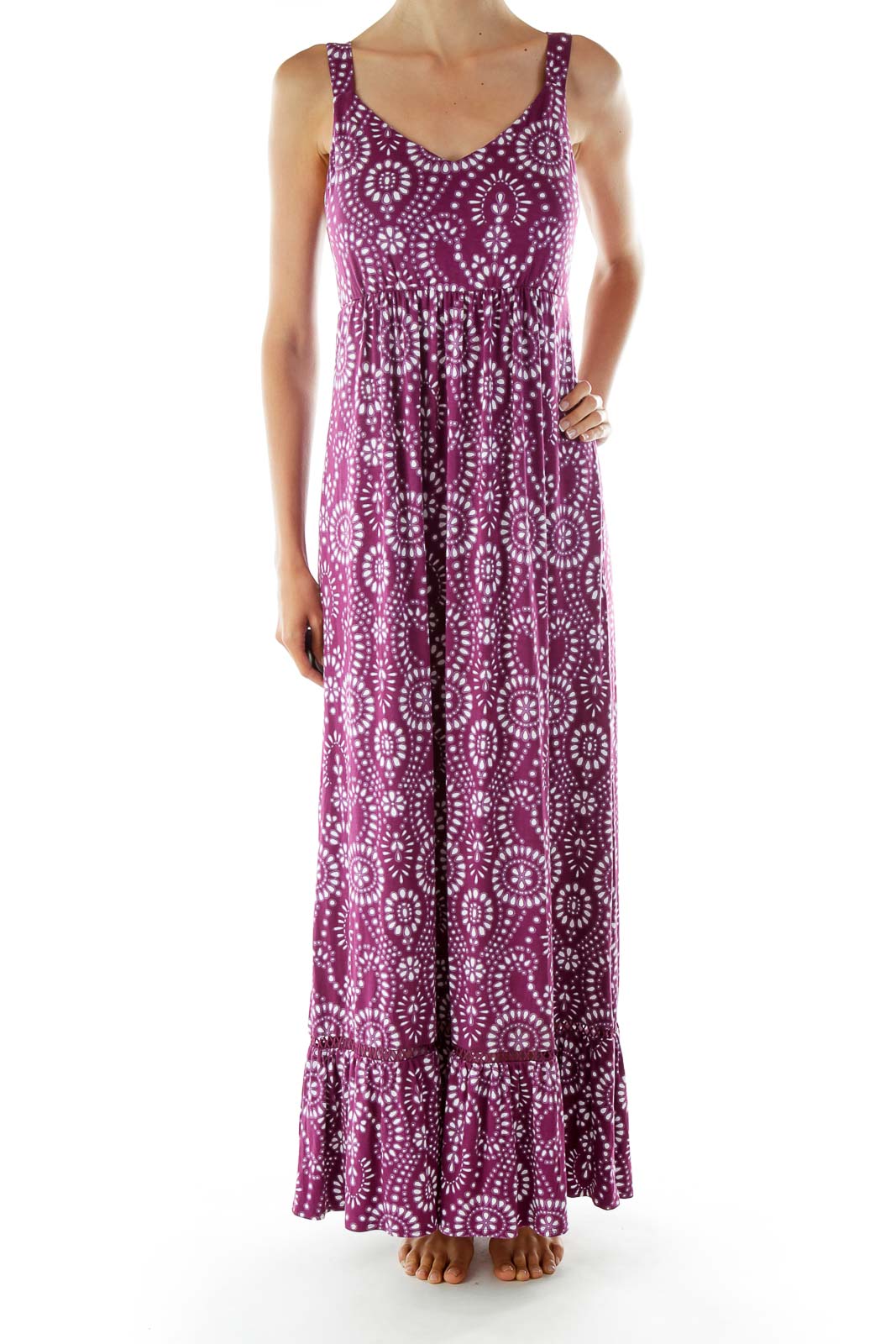 Purple White Print Maxi Dress Front