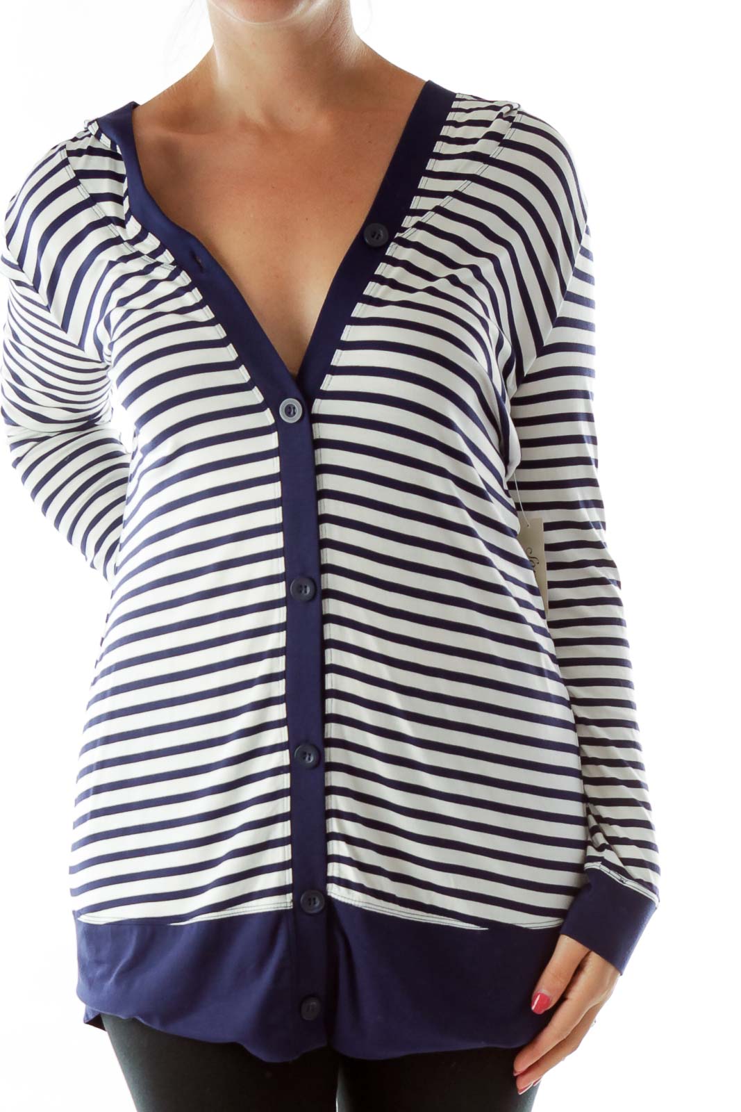 Navy White Stripe Hooded Top Front