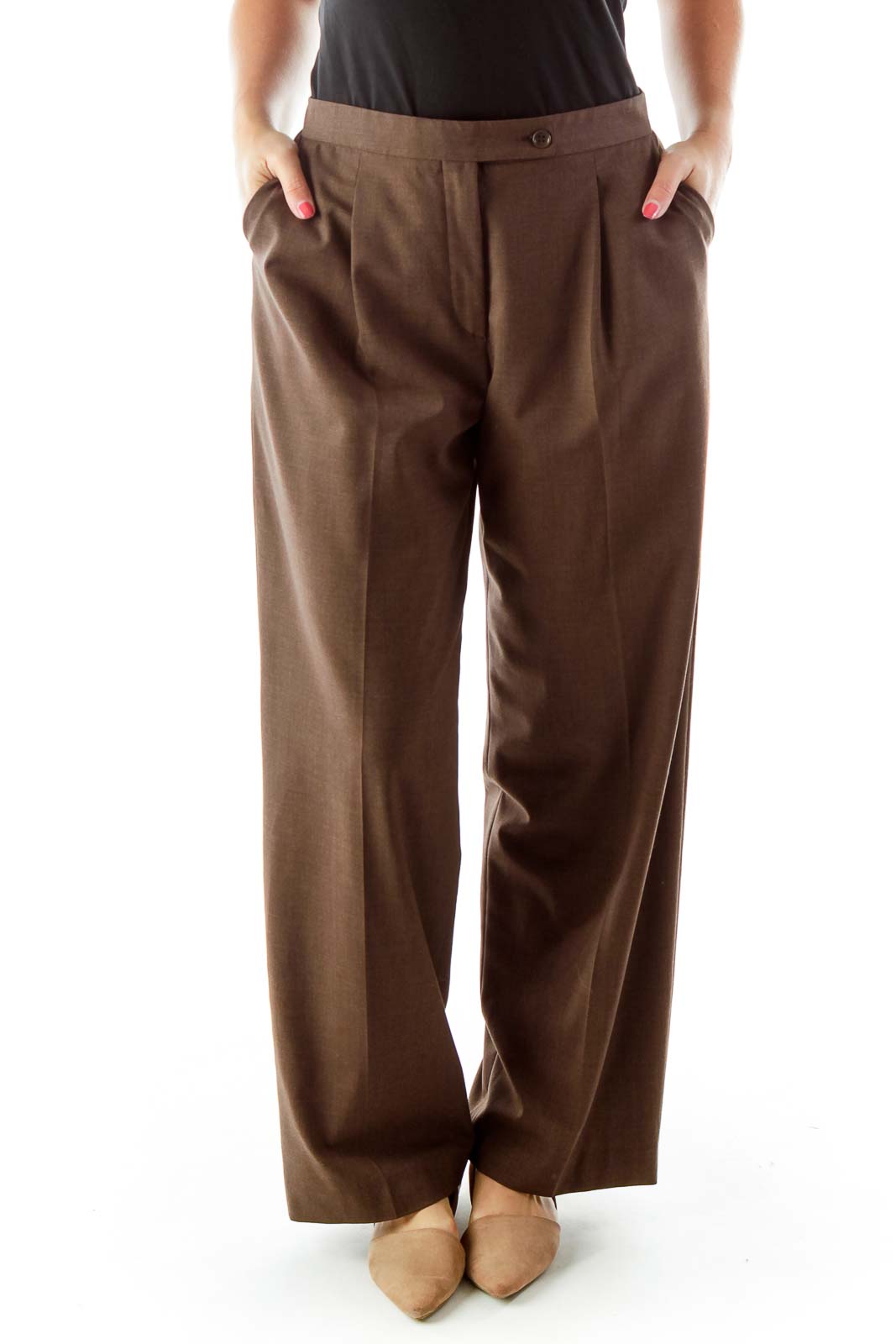 Brown Fitted Pocketed Suit Pants Front
