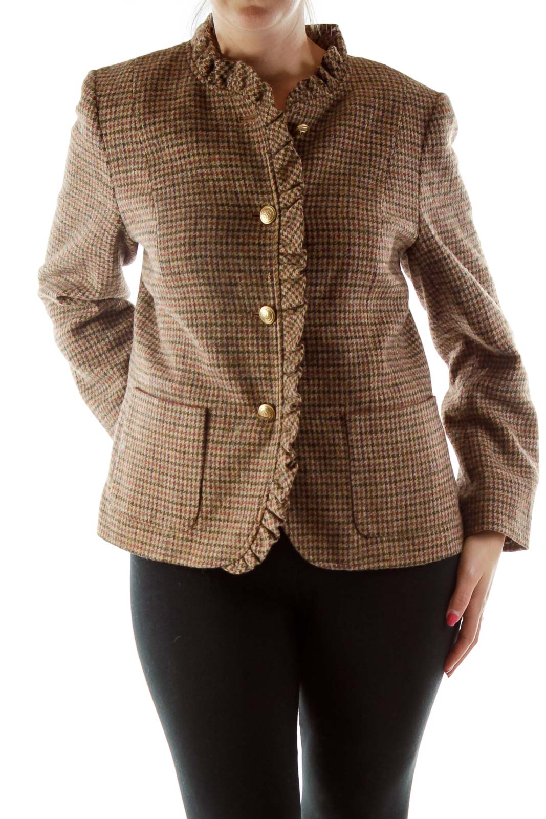 Talbots - Brown Houndstooth Ruffled Tweed Jacket Polyester Wool Viscose