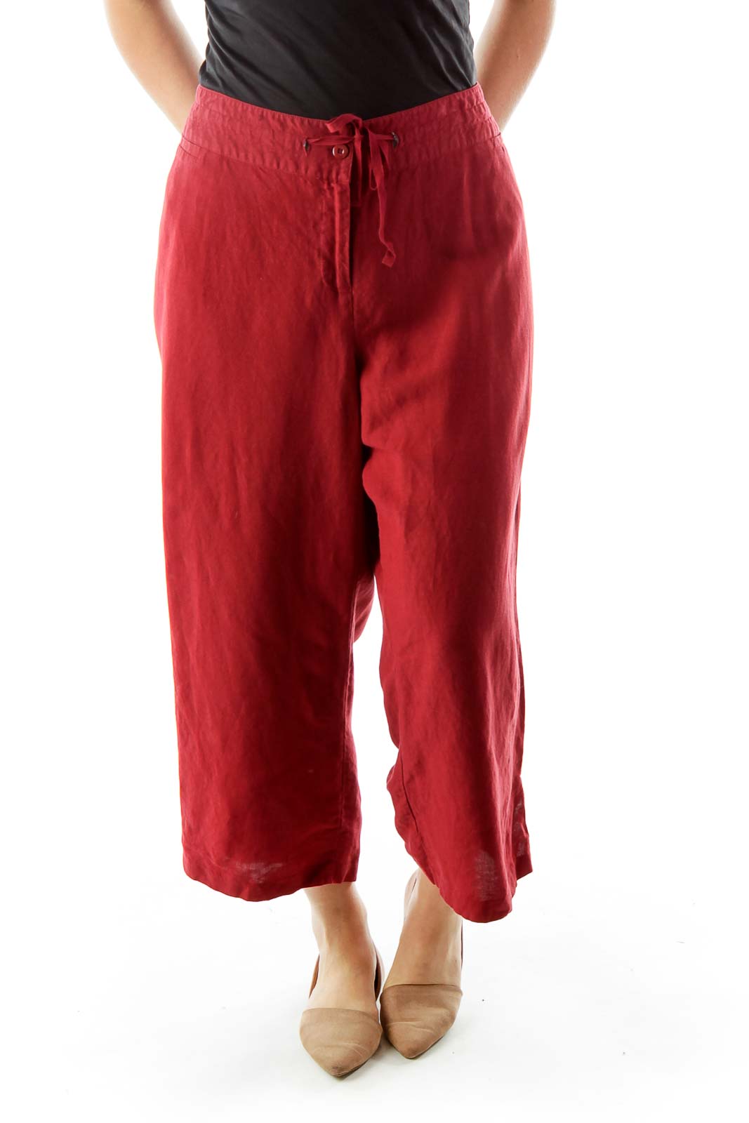 Red Linen Cropped Pants Front