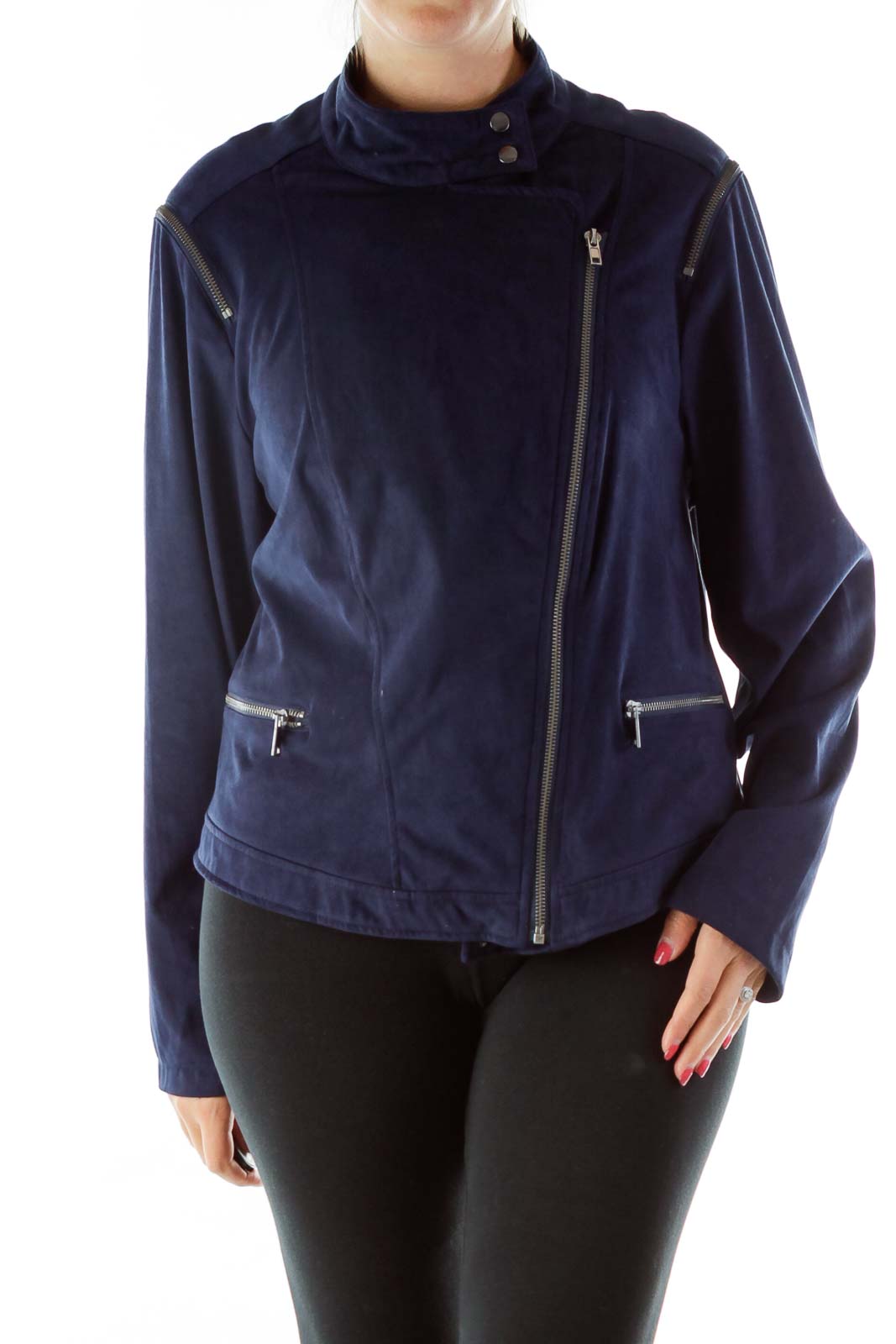 Blue Faux Suede Zippered Bomber Jacket Front