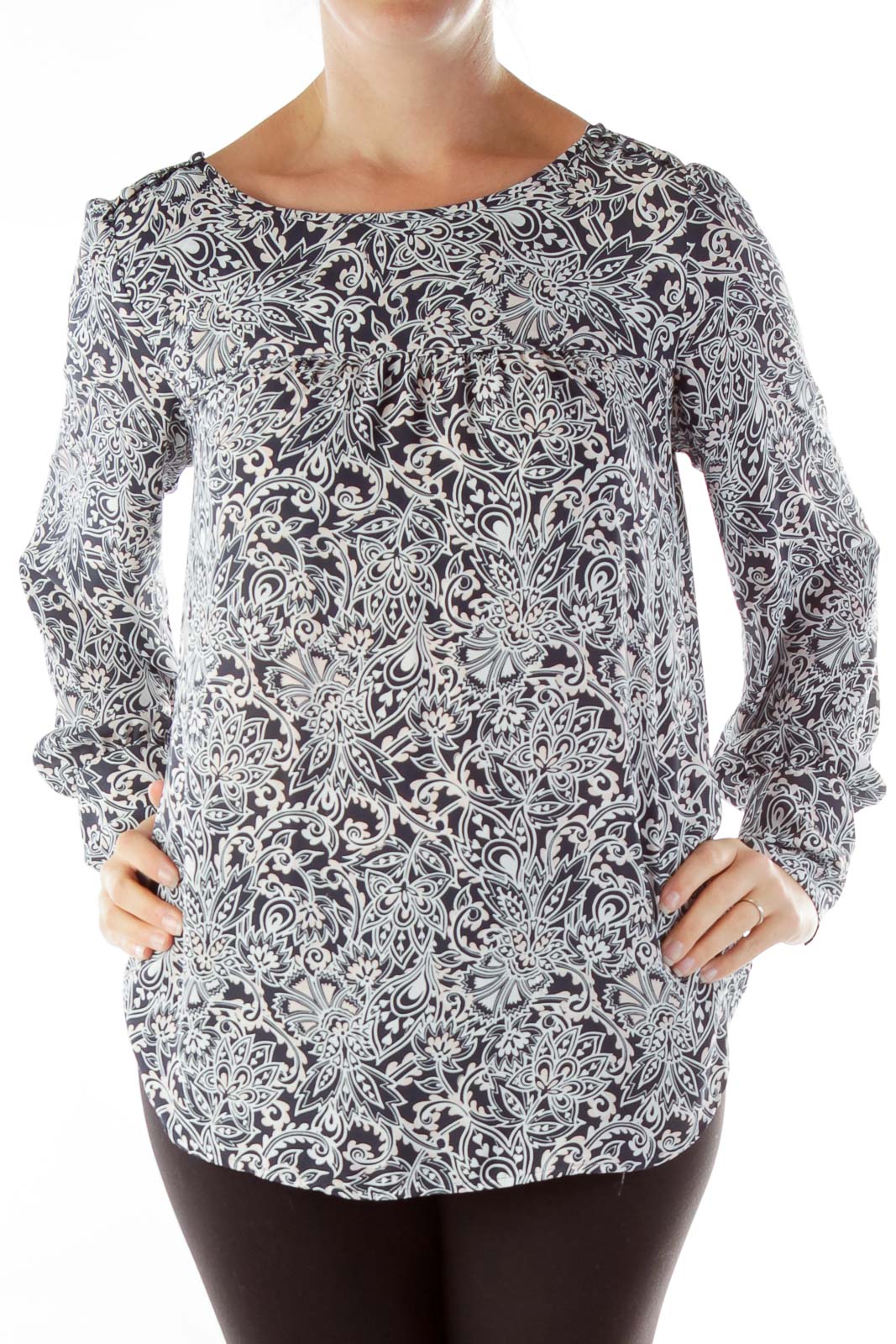 Navy Cream Print Blouse Front