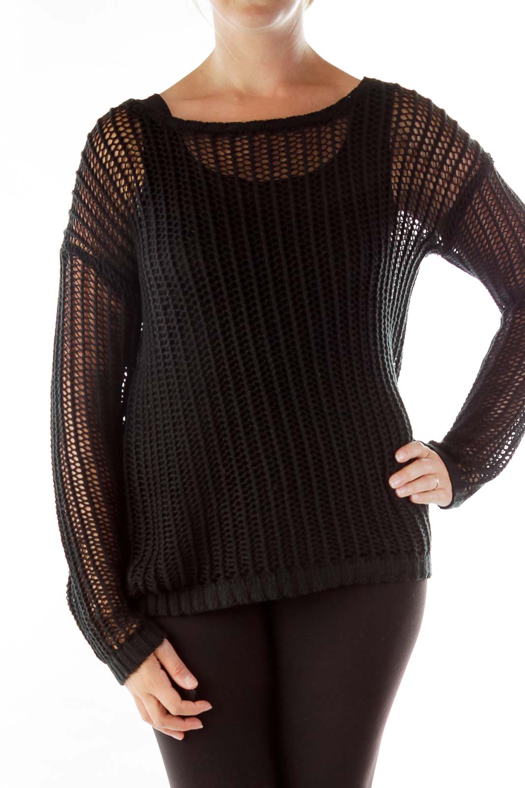 Black Loose Knit Long Sleeve Top Front