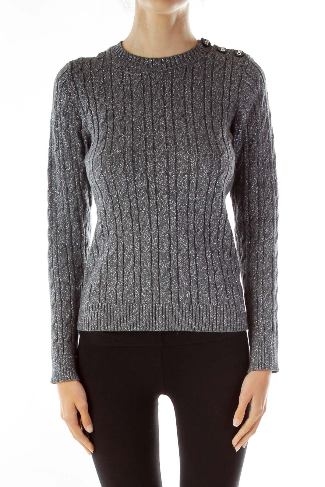 Gray Metallic Cable Knit Sweater Front