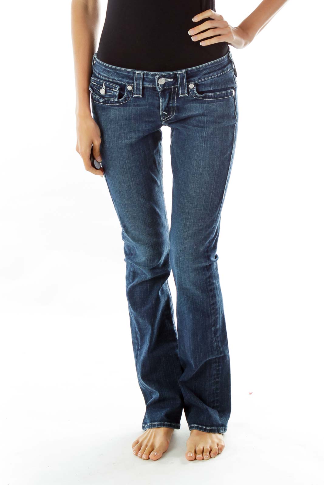 Navy Shimmer Button Straight-Leg Jeans Front