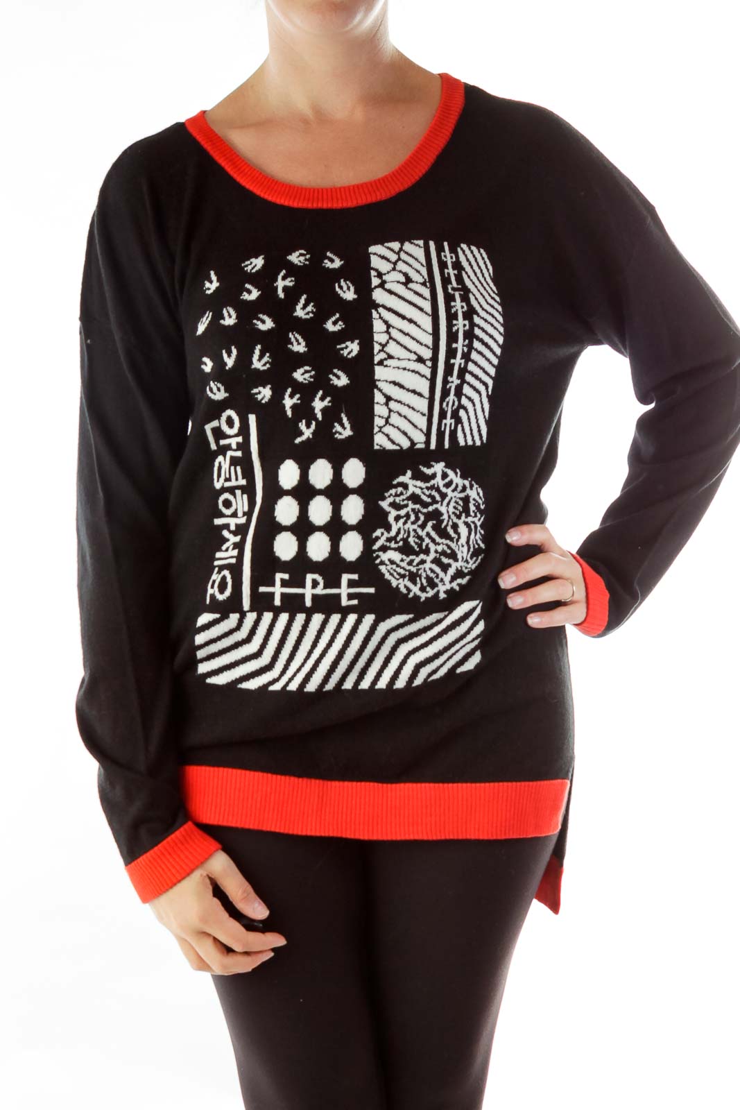 Black Red Print Sweater Front