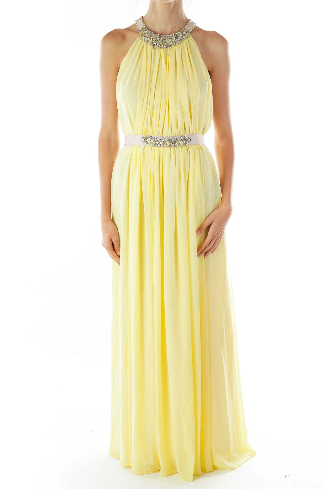 Yellow Beaded Sleeveless Evening Dress Front