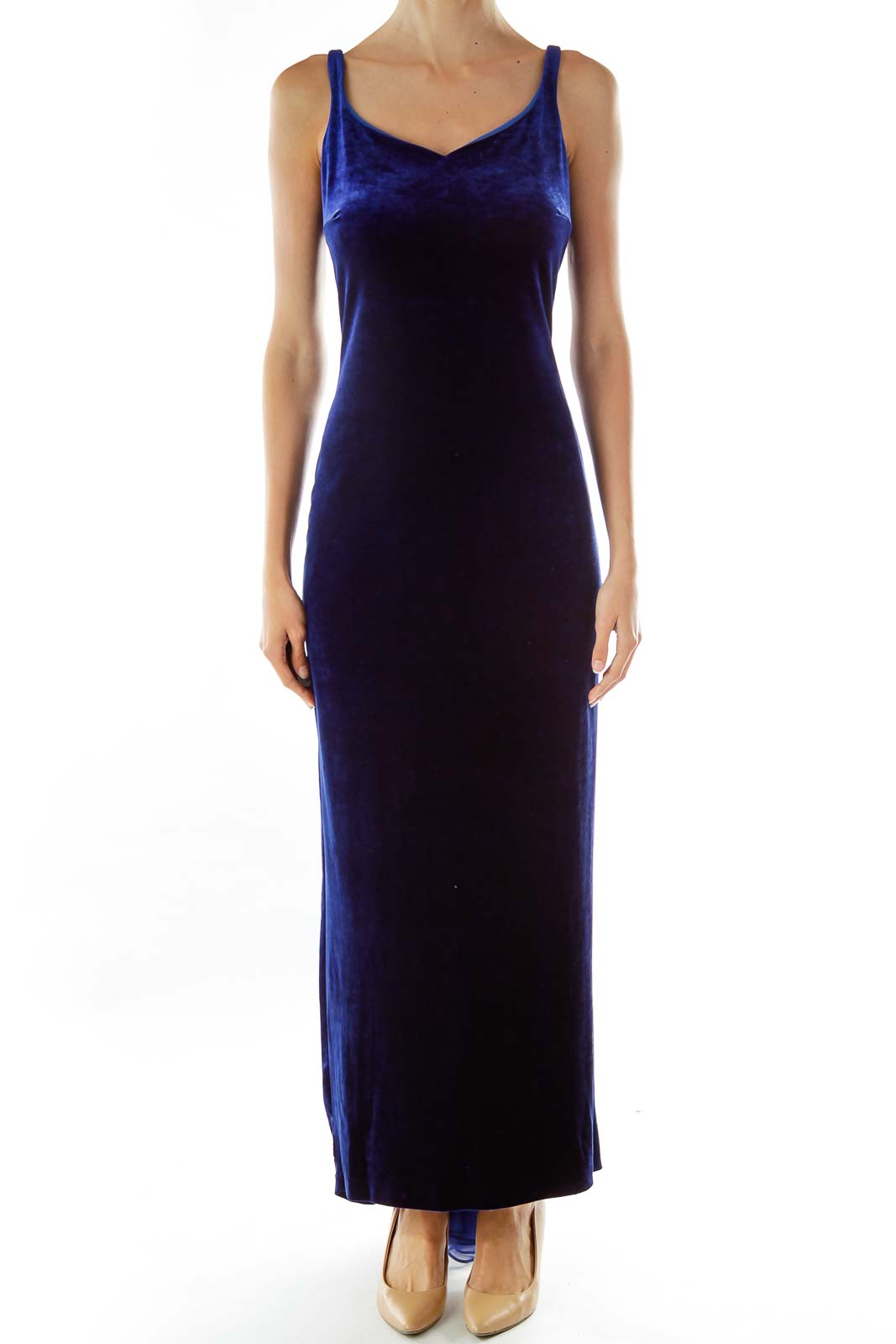 Unknown - Blue Velvet Sleeveless Maxi Evening Dress Lycra Polyester