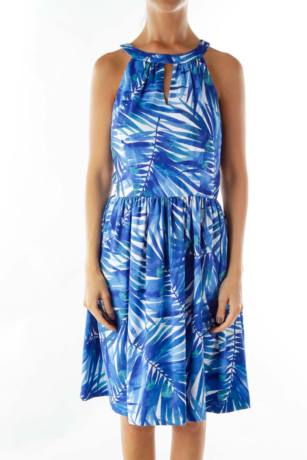Blue White Leaf Print Dress Front