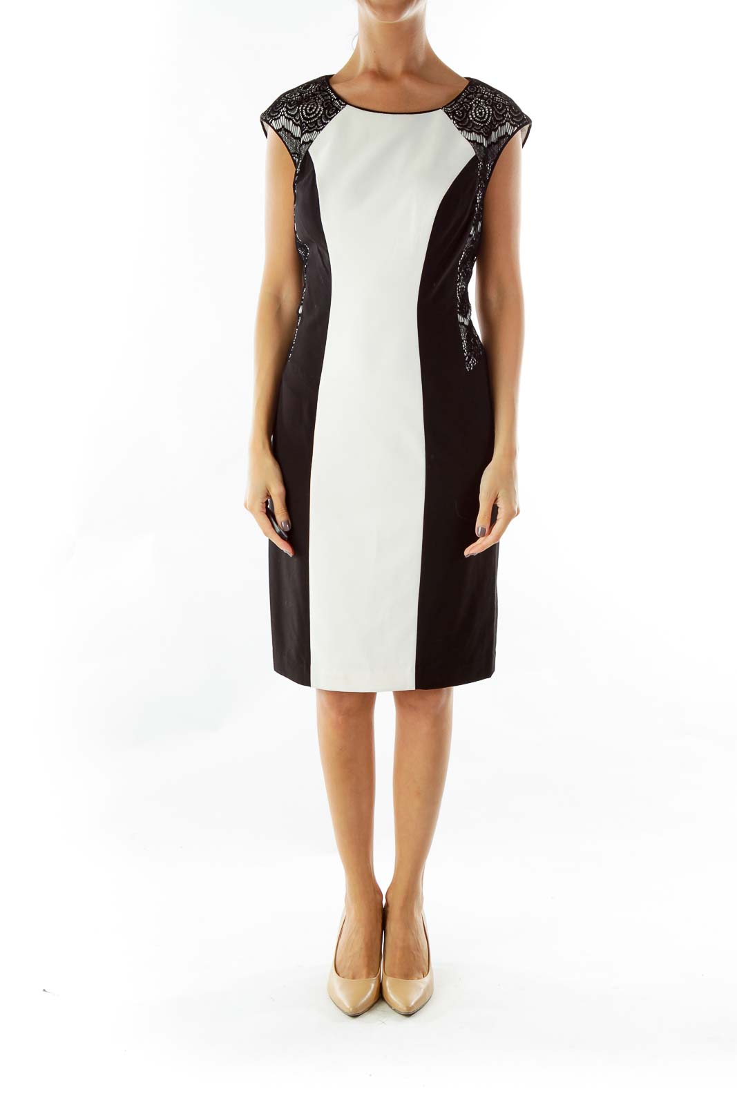 Calvin Klein - Black White Body Con Cocktail Dress Rayon Nylon Polyester  Spandex | SilkRoll