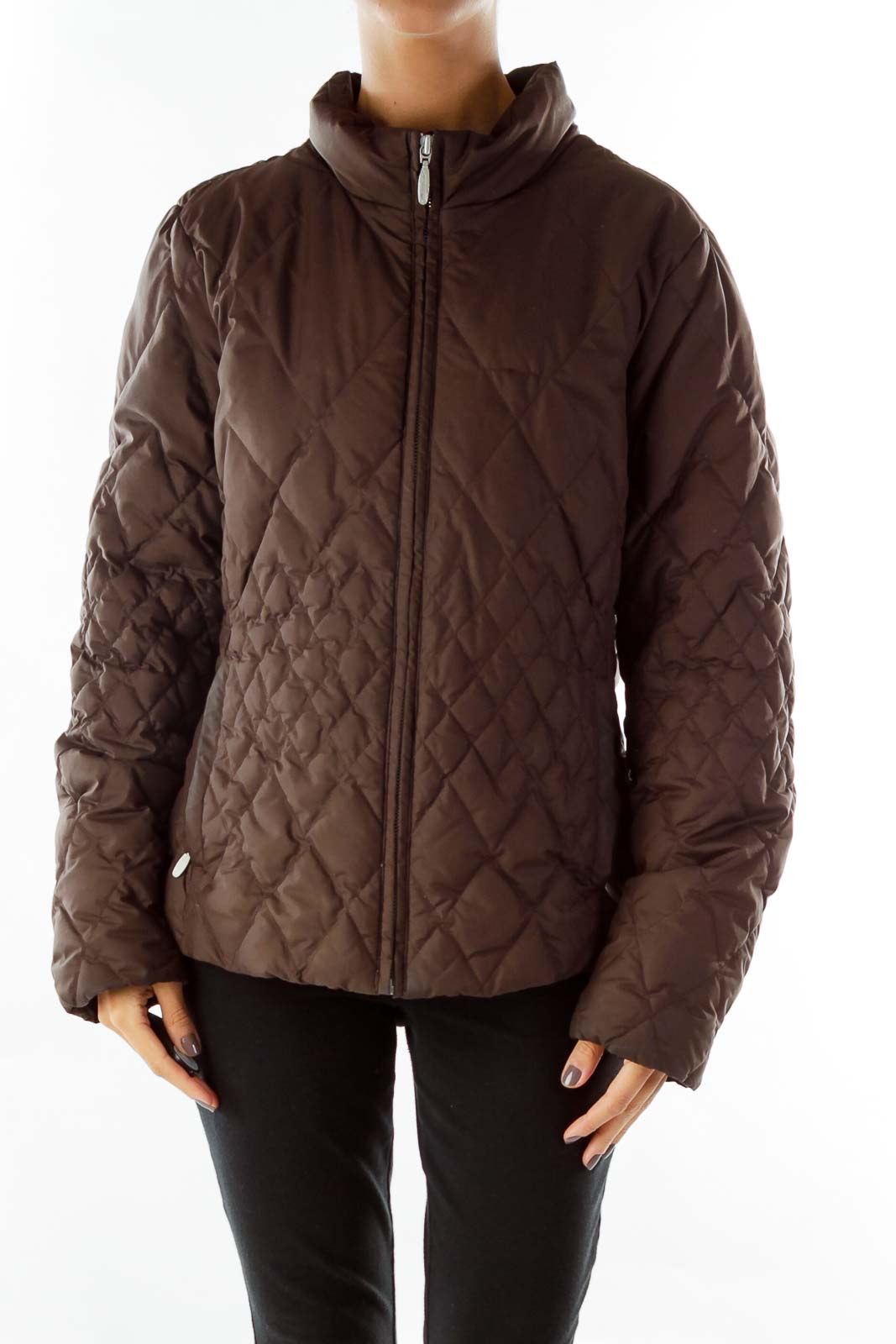 Brown Quilted Goose Feather Coat Front