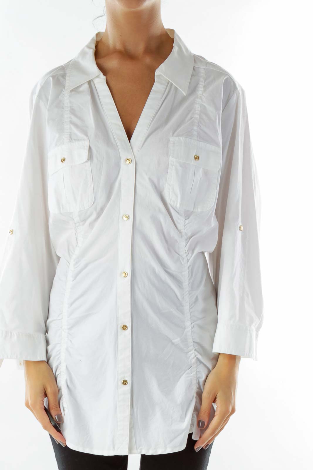 White V-neck Pocketed Button-Up Shirt Front