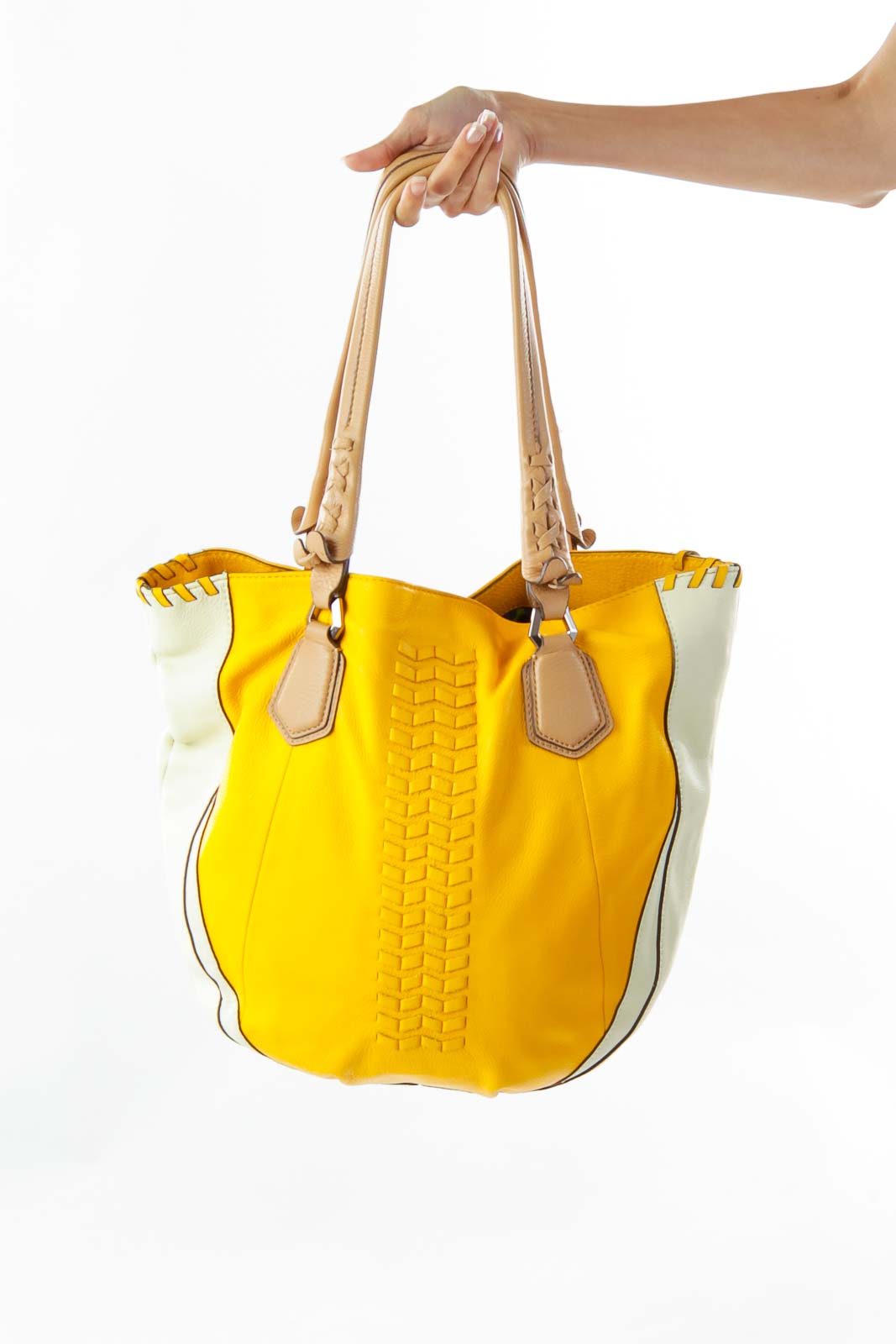 Yellow Cream Braided Leather Shoulder Bag Front