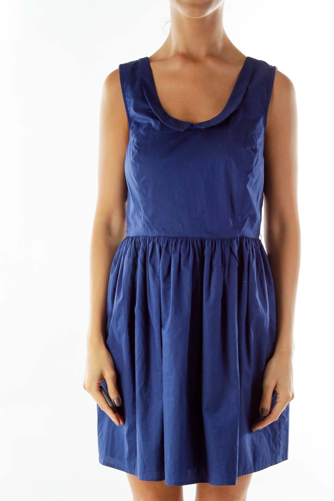 Blue Collared Flared Sleeveless Dress Front