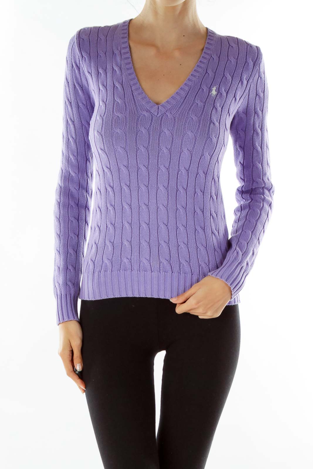 Purple Cable-Knit V-Neck Sweater Front