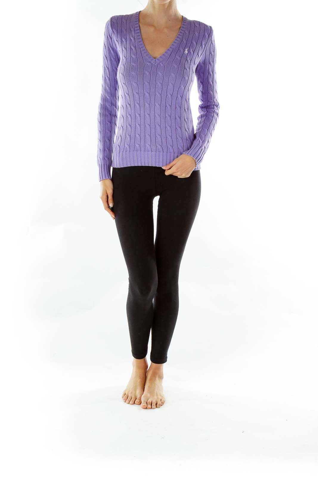 Ralph Lauren Sport - Purple Cable-Knit V-Neck Sweater Cotton | SilkRoll