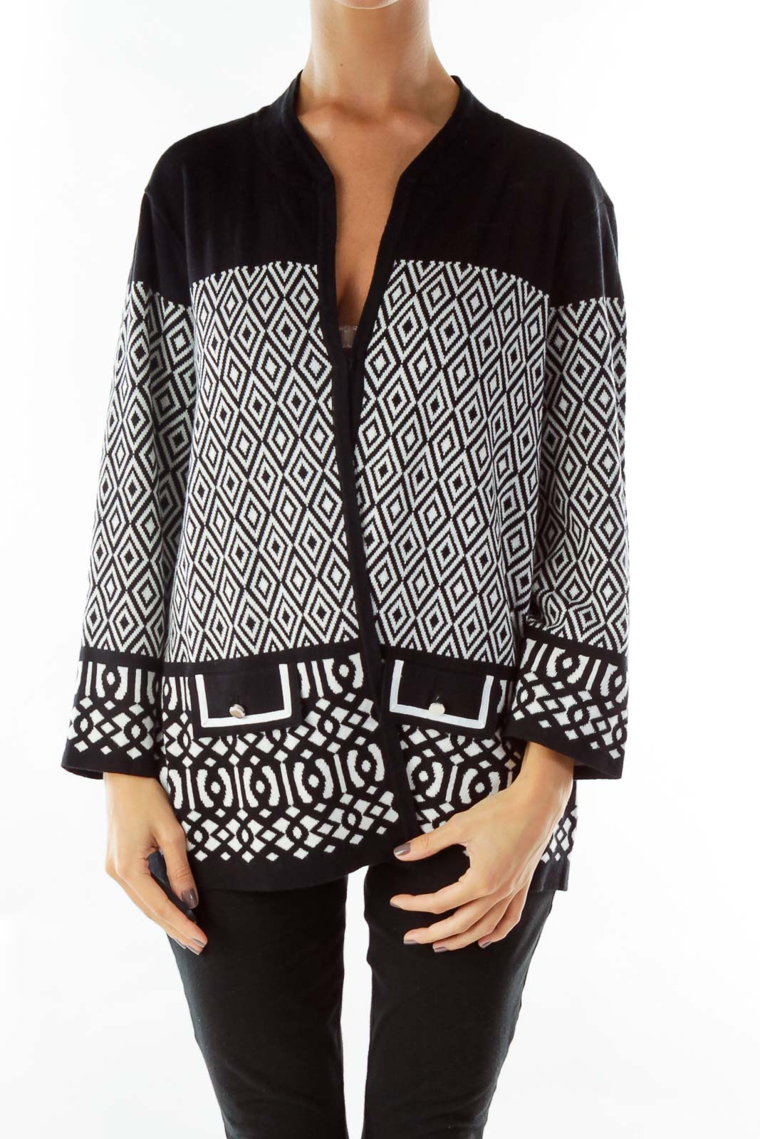 Black White Geometric Print Sweater Front