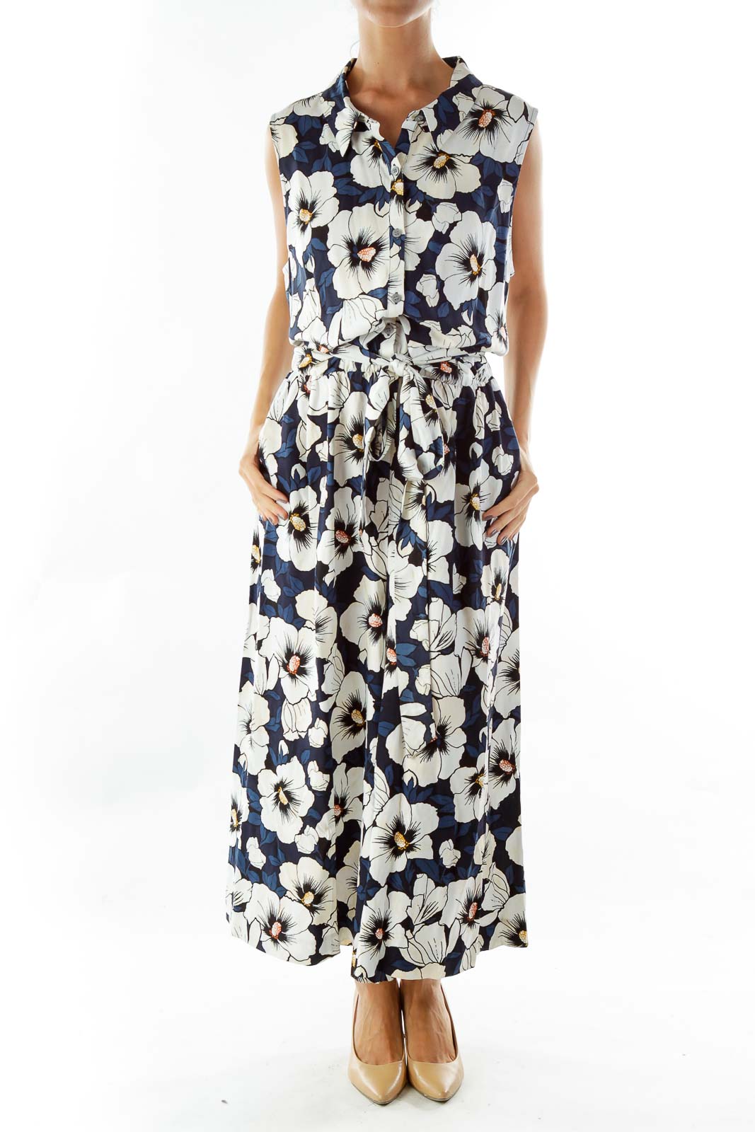 Ann Taylor - White Blue Flower Print Cropped Jumpsuit Viscose | SilkRoll