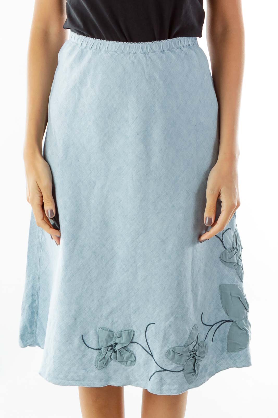 Blue Flower Embroidered Linen Petite Skirt Front