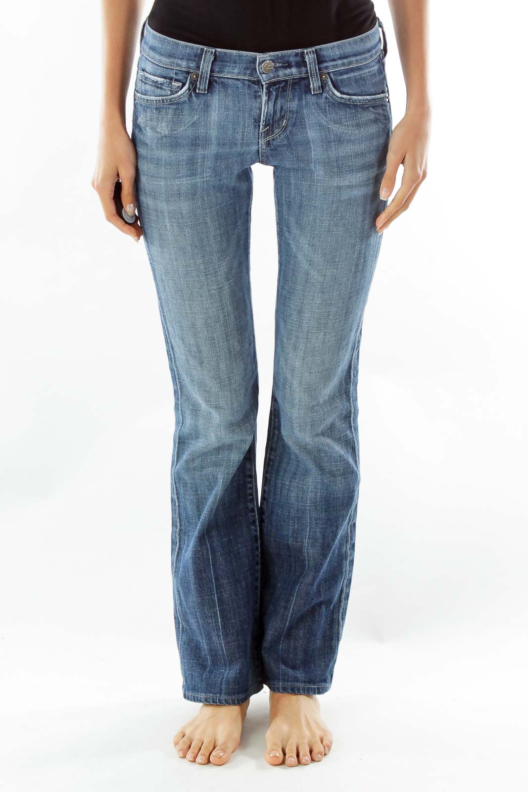 Navy Slightly Distressed Flared Jeans Front