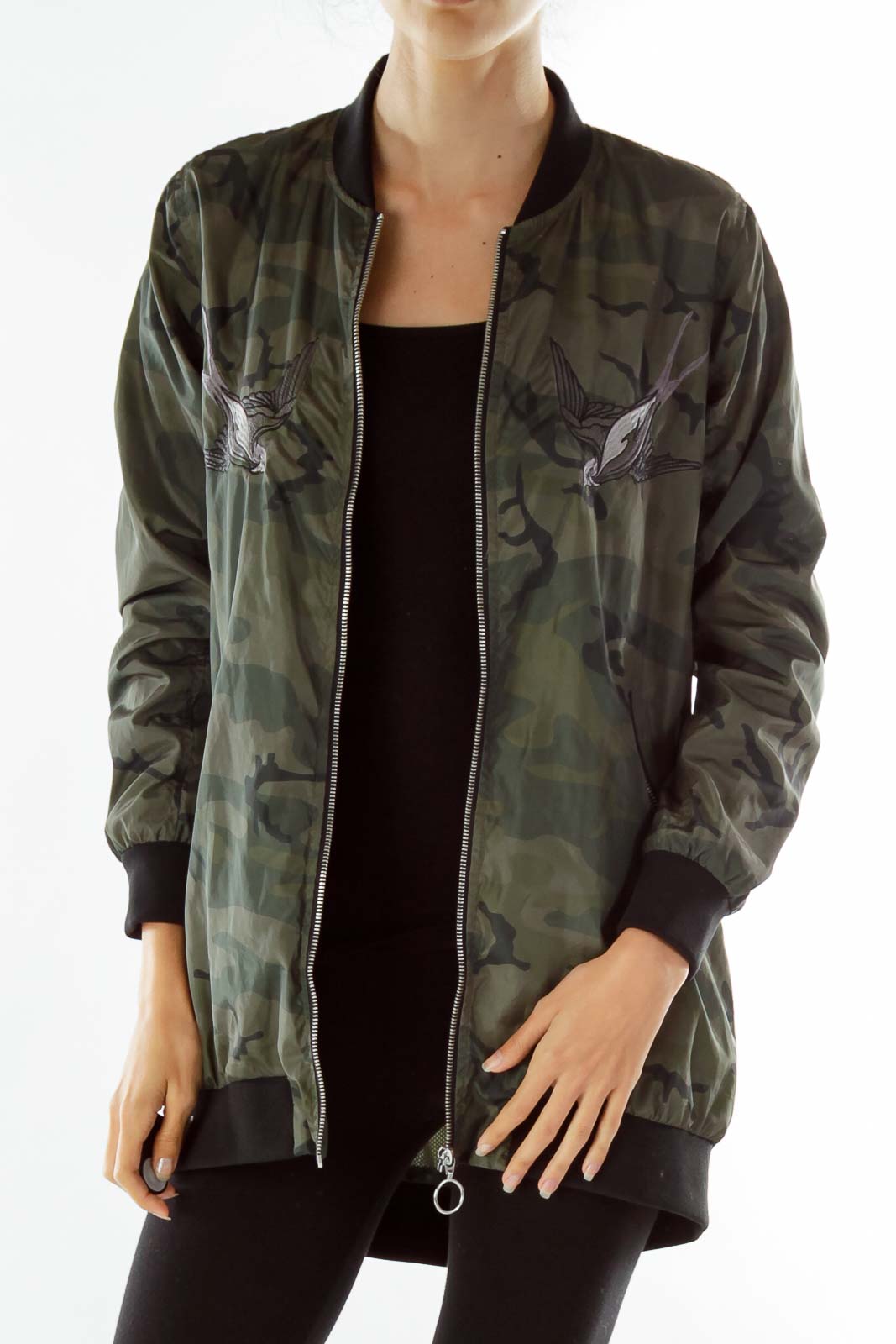 Green Print Embroidered Bomber Jacket Front