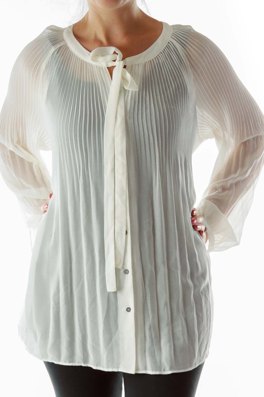 Cream Pleated Sheer Shirt Front