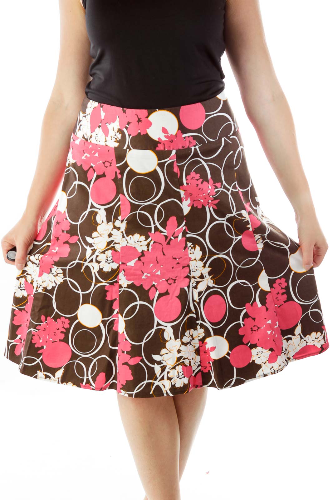 Pink Brown Print Flared Skirt Front