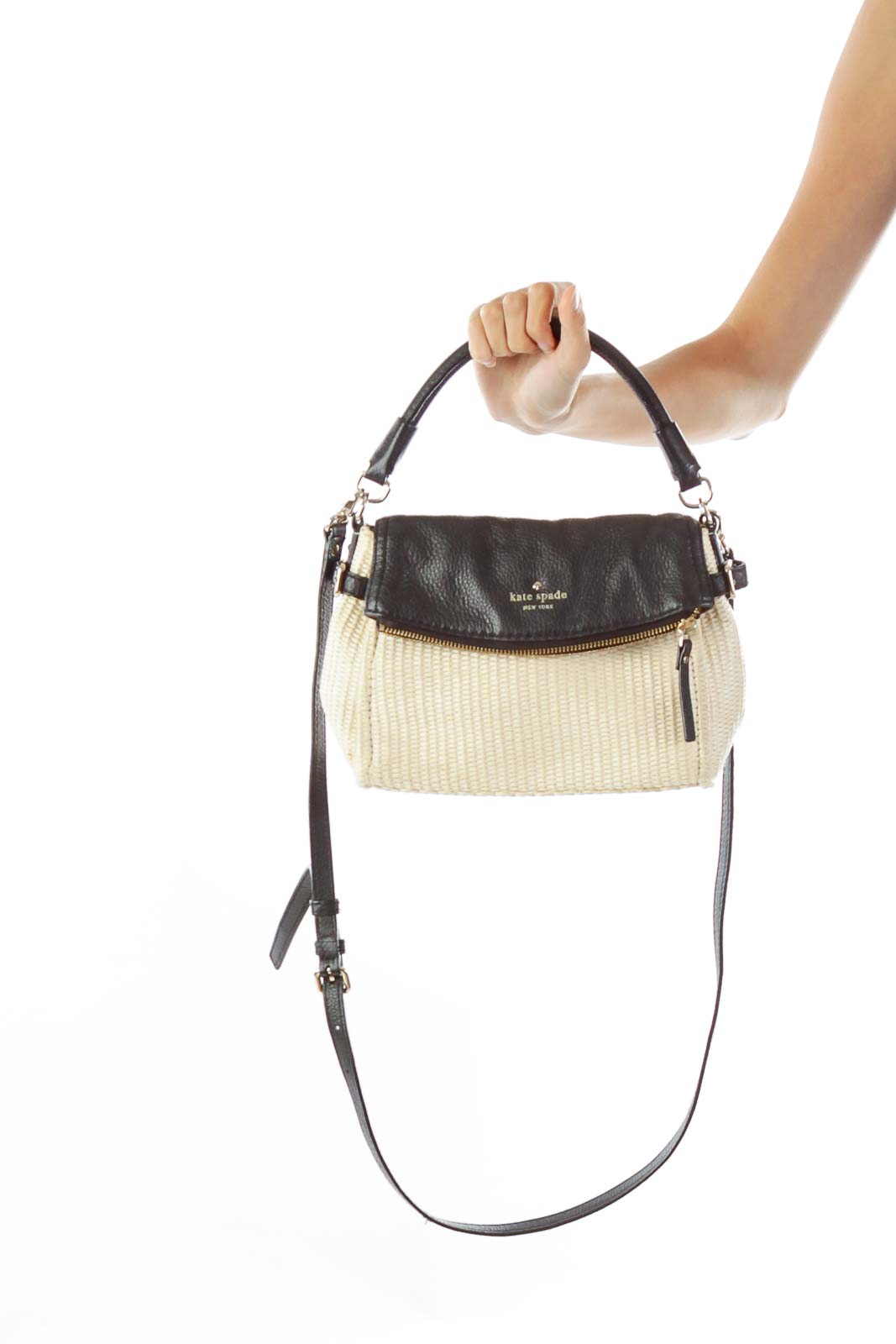 Kate Spade - Black Cream Woven Crossbody Bag Leather | SilkRoll
