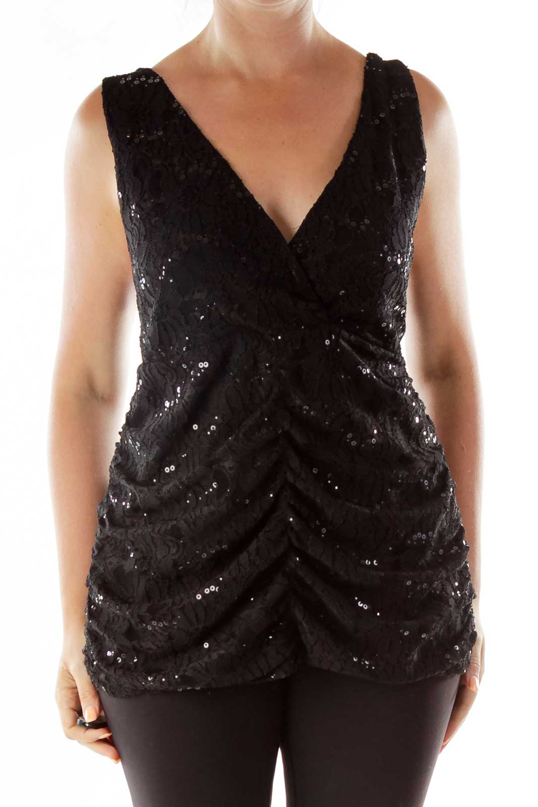 Black Sleeveless Beaded Embroidered Top Front