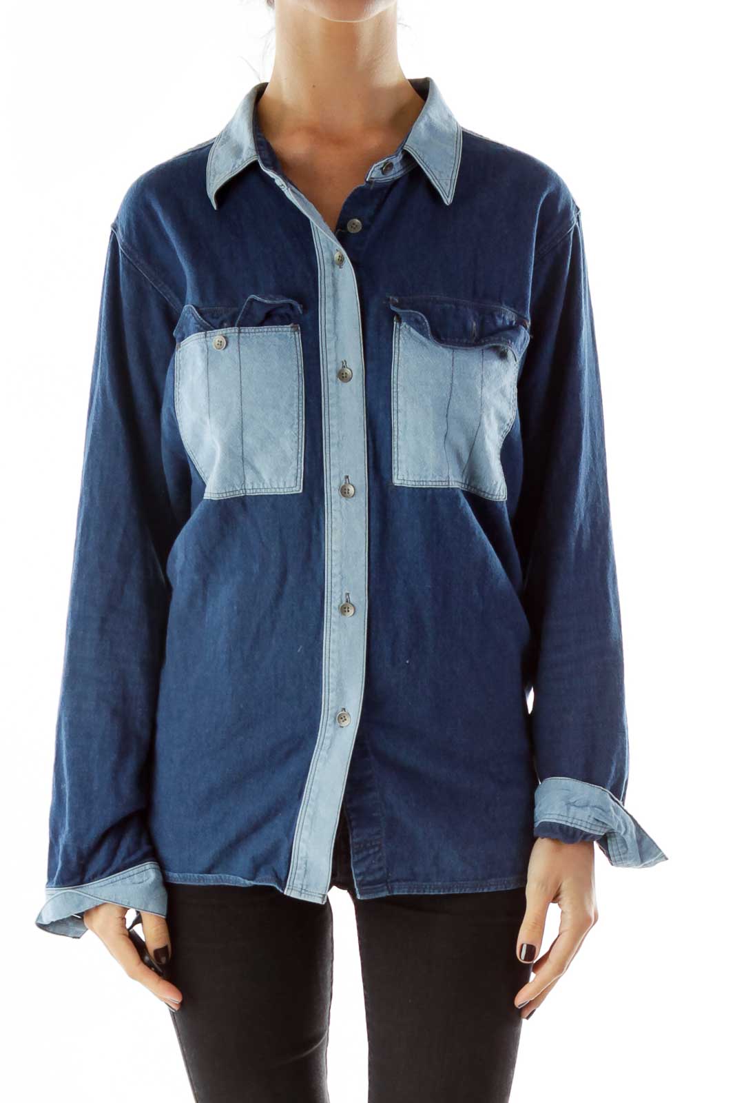 Blue Buttoned Pocketed Cotton Shirt Front