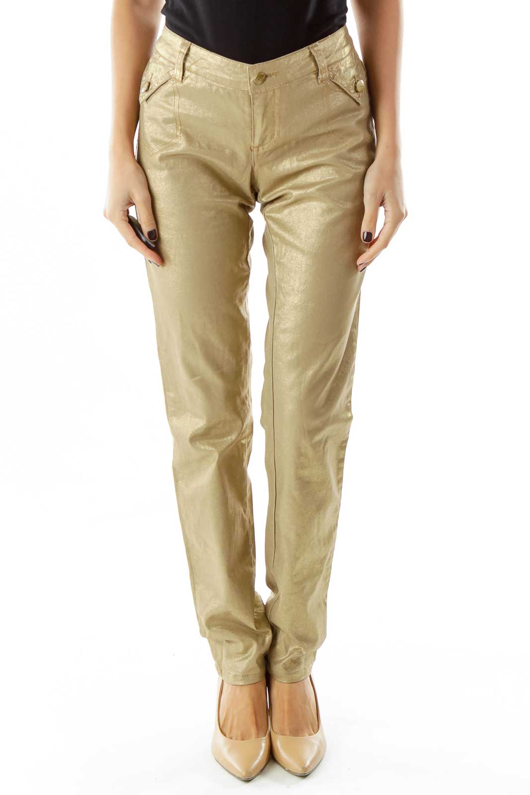 Gold Shiny Skinny Jeans Front