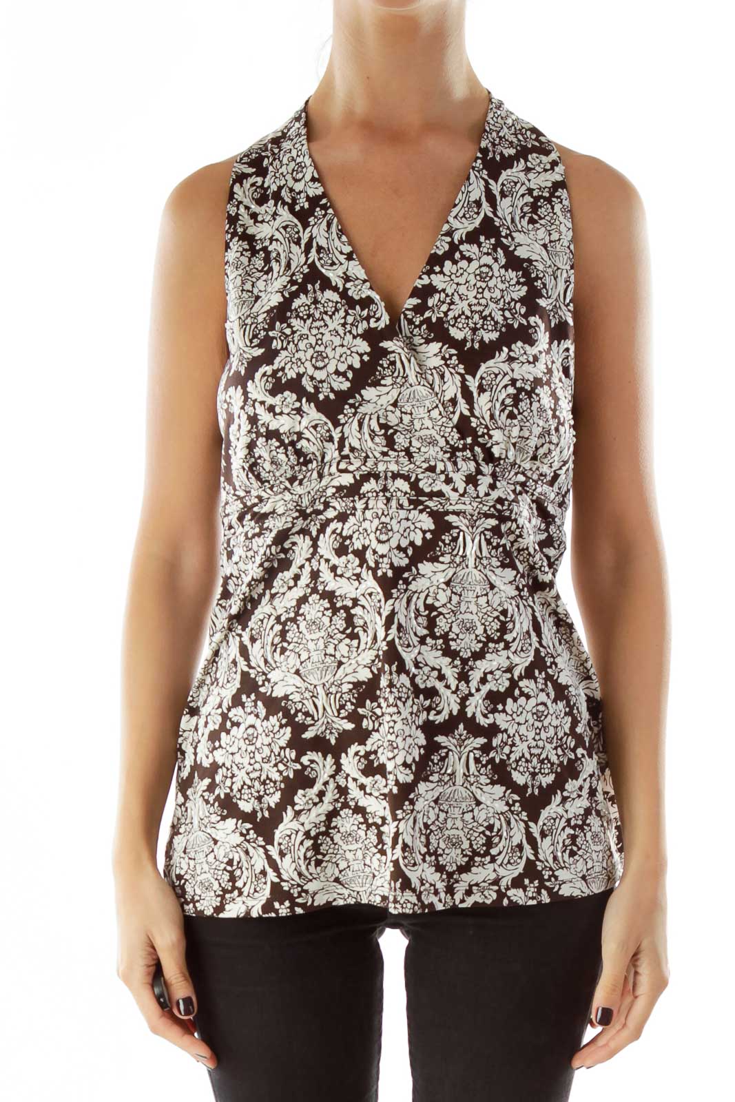 Brown White Beaded Print Tank Top Front