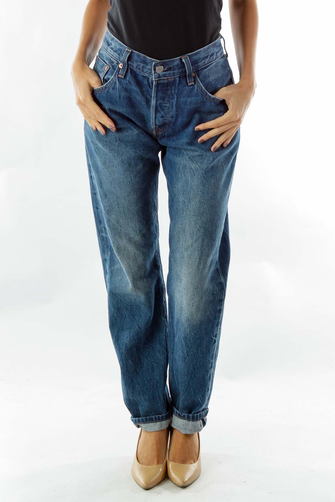 Blue High-Waisted Boyfriend Jeans Front