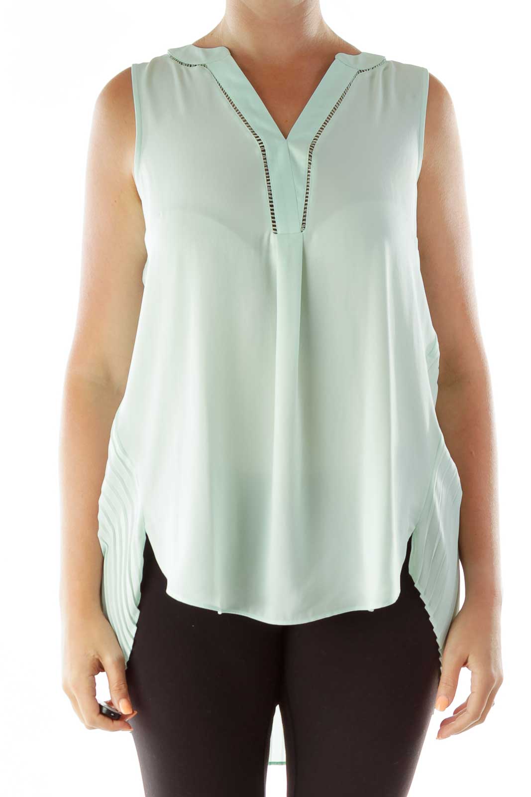 Mint Slitted Pleated Blouse Front