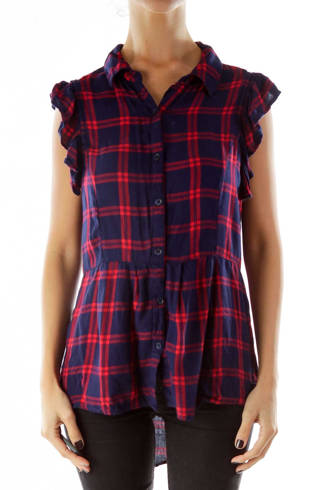 Navy Red Plaid Blouse Front