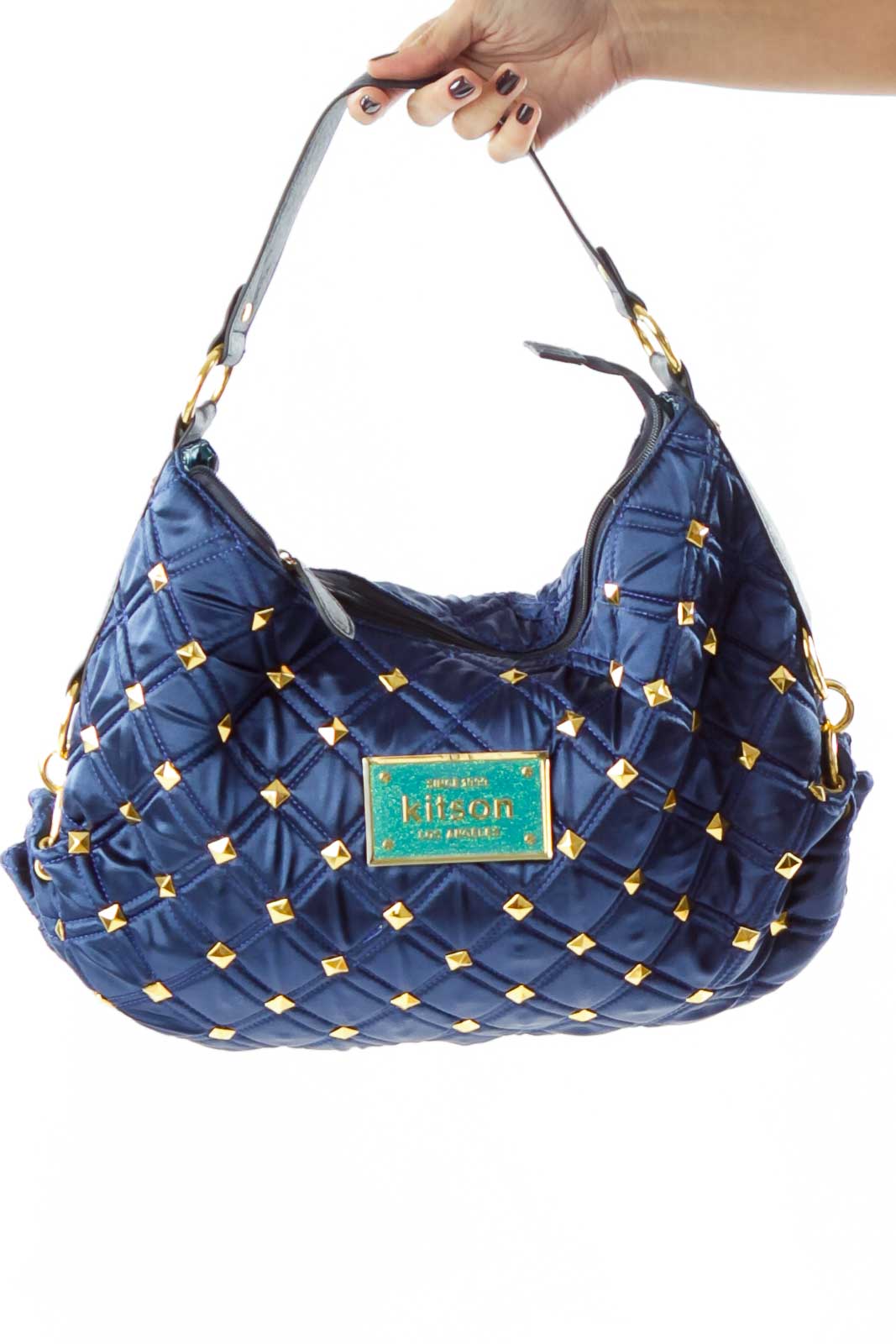 Blue Gold Studded Quilted Shoulder Bag Front