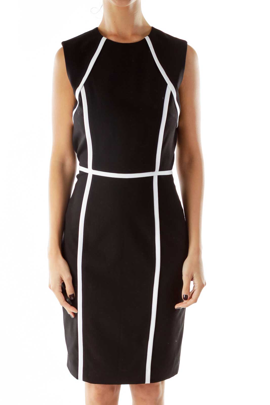 Calvin Klein - Black White Stripe Detail Sheath Dress Spandex Rayon  Polyester | SilkRoll