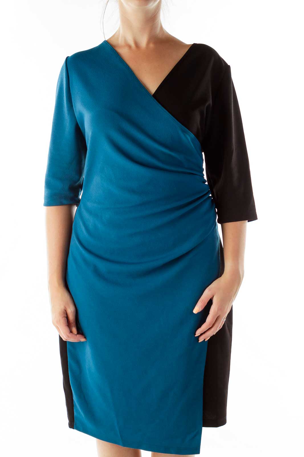 Black Blue Scrunched Wrap Work Dress Front