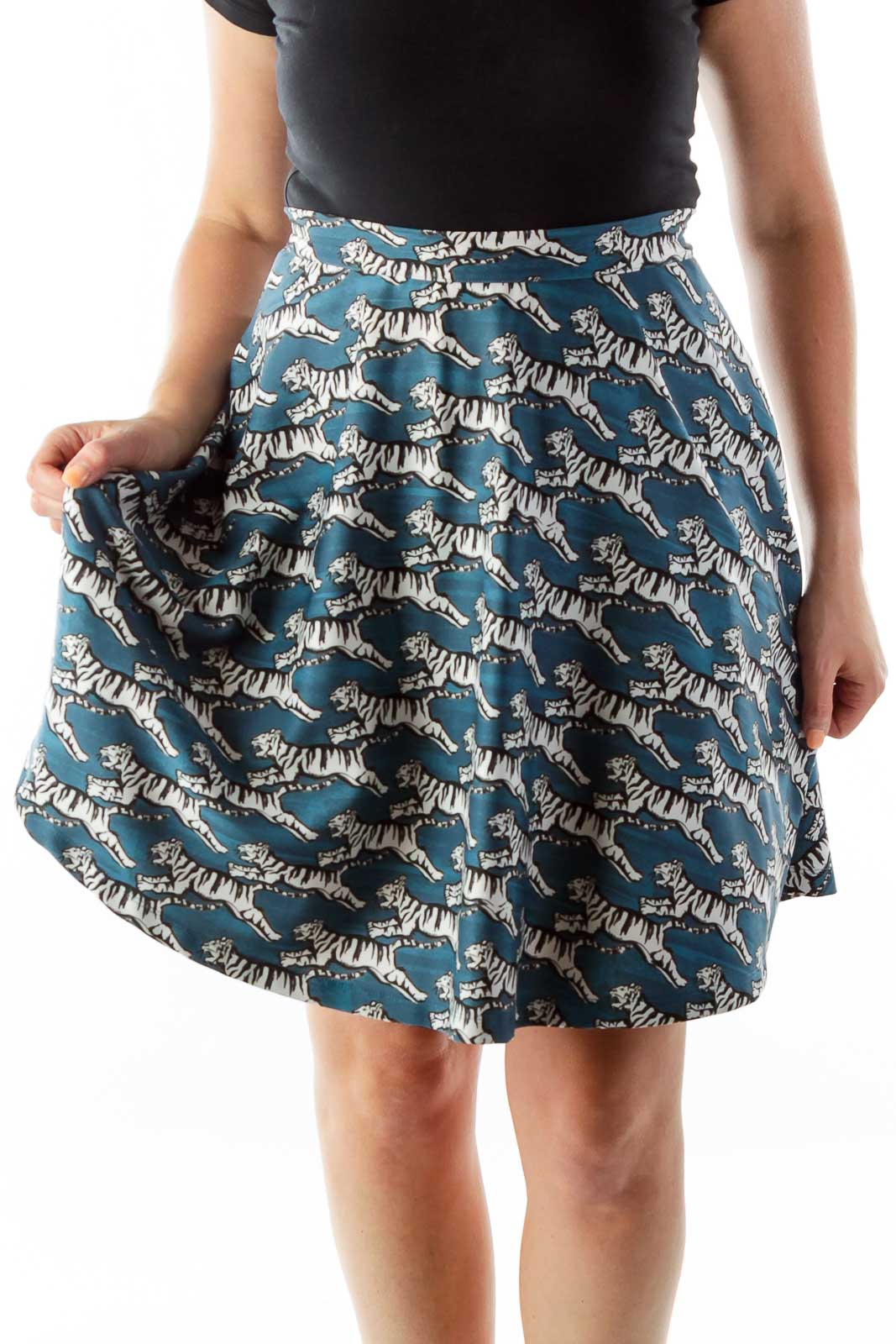 Blue Animal Print A-Line Skirt Front