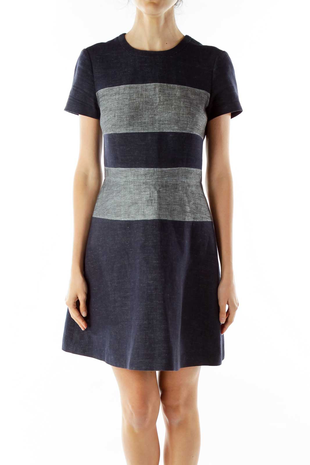 Blue Gray Striped Denim Dress Front