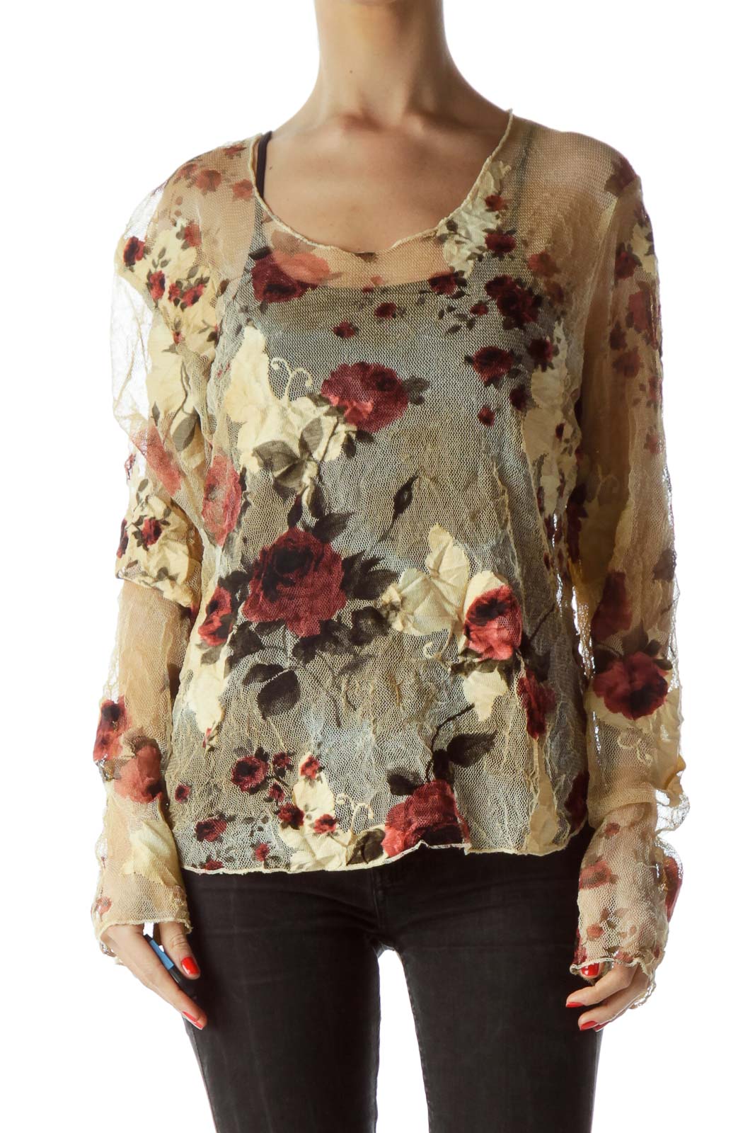 Beige Burgundy Floral Print Lace Long-Sleeve Top Front