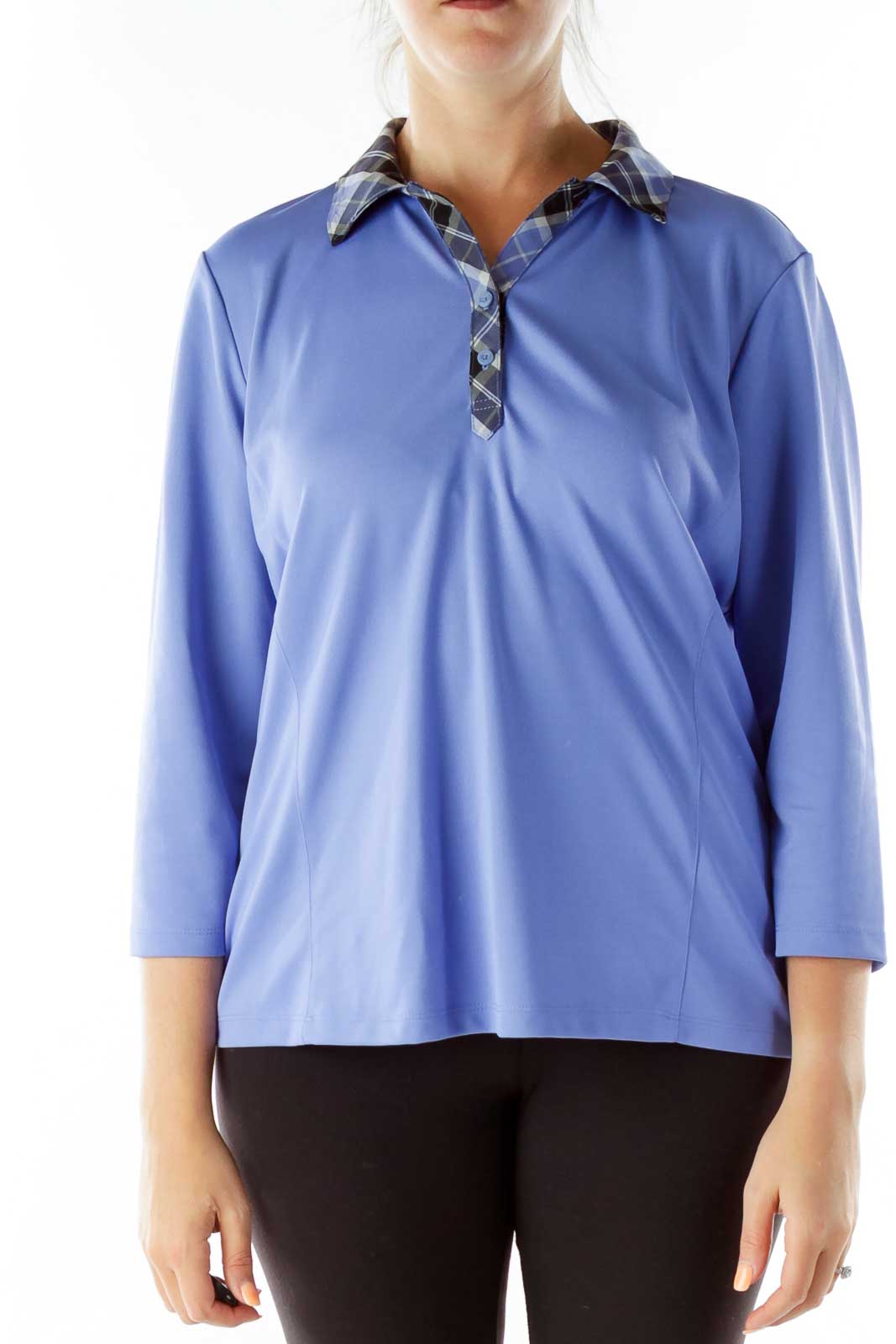 Blue Plaid Collared Sports Top Front