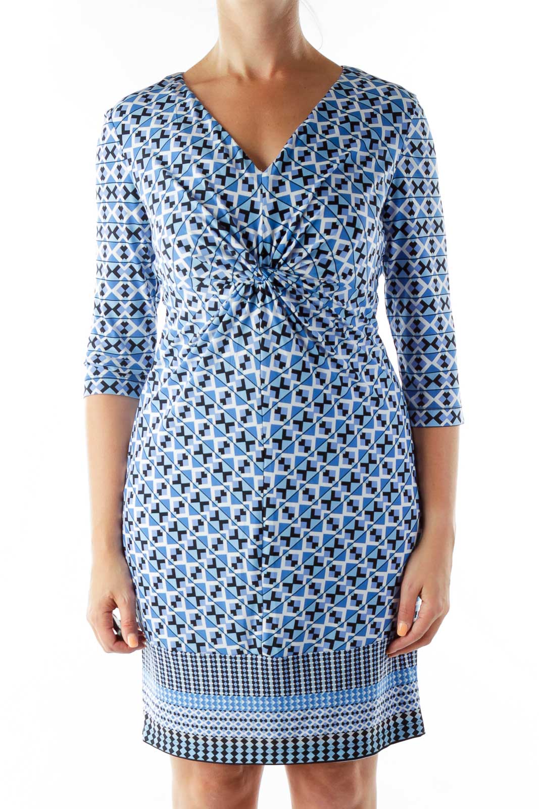 Blue Geometric Print V-neck Dress Front
