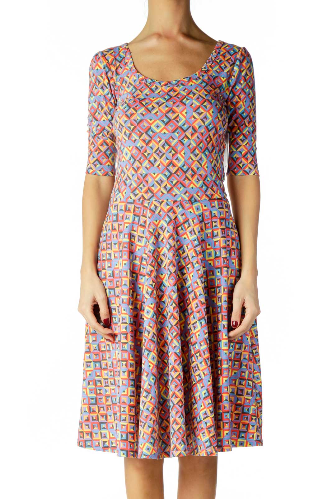 Multicolor Geometric Print Day Dress Front