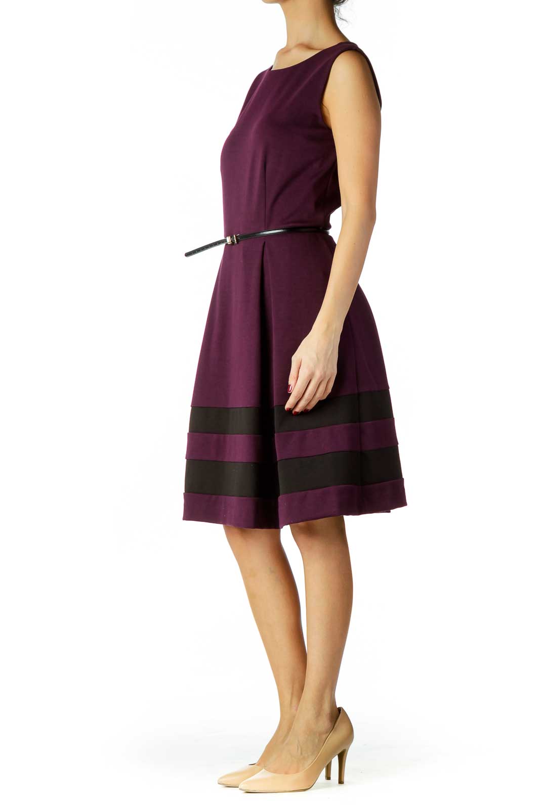 Calvin Klein - Purple Black Belted Dress Spandex Rayon Polyester | SilkRoll
