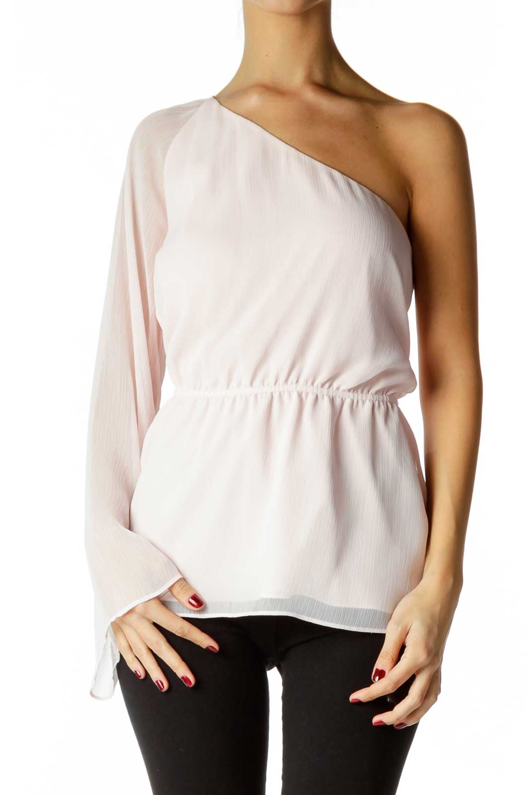 Pink One-Shoulder Chiffon Blouse Front